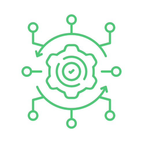 Green Icon with gear and network and neural nodes for the Cognitive Logic Engine that acts as the brain of the system.