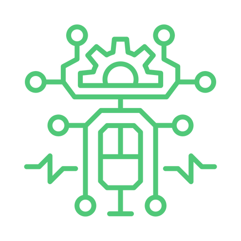 Green Icon with a microphone and neural and network nodes depicting a voice interface.