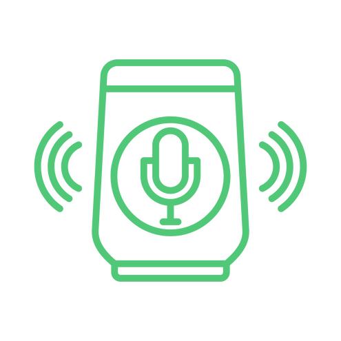 Adaptive Vocal Logic Green Icon with a microphone and sound waves emanating from the sides depicting a system that will solve complex linguistic issues.